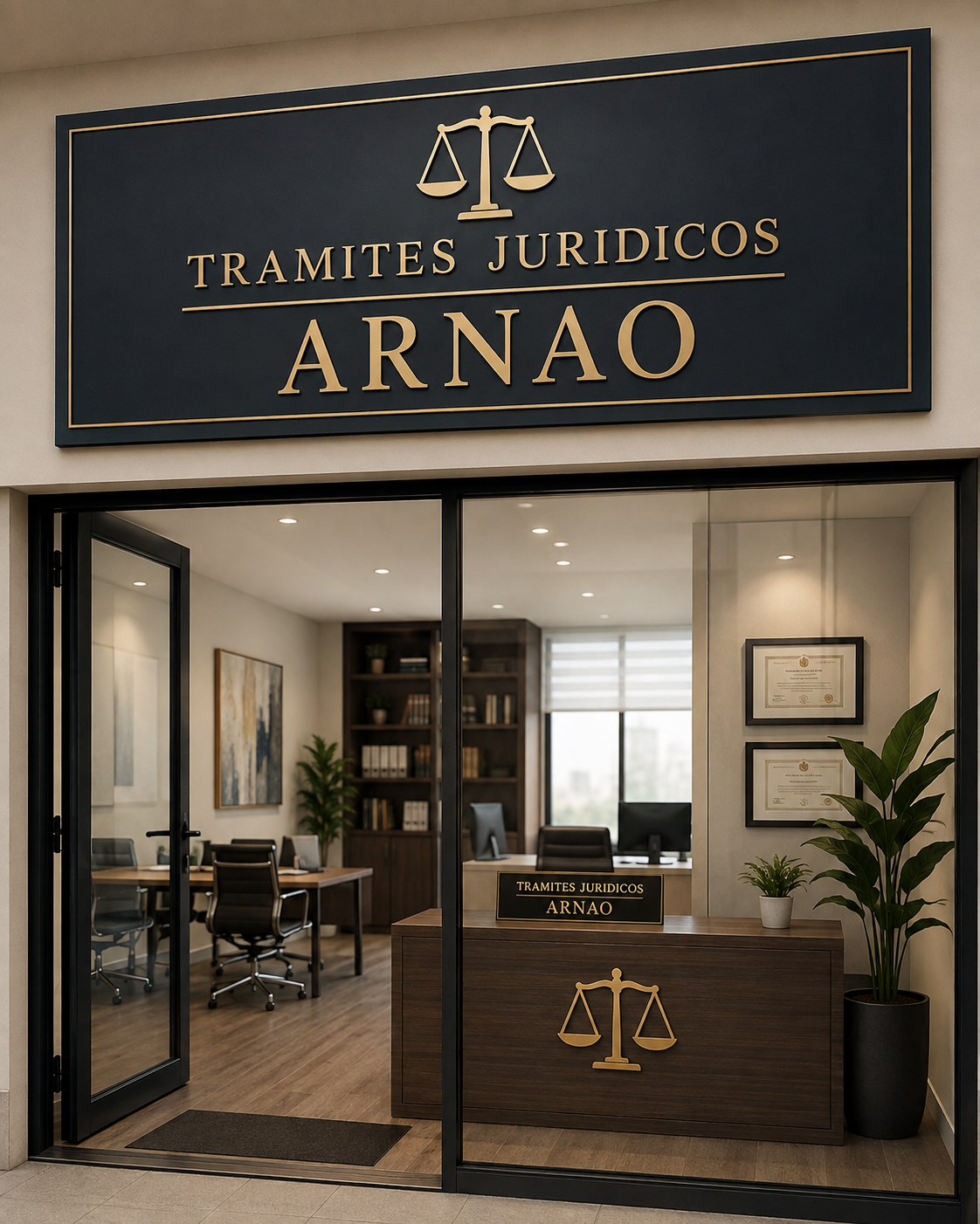 Fachada y recepción de la oficina de Trámites Jurídicos Arnao en Lleida
